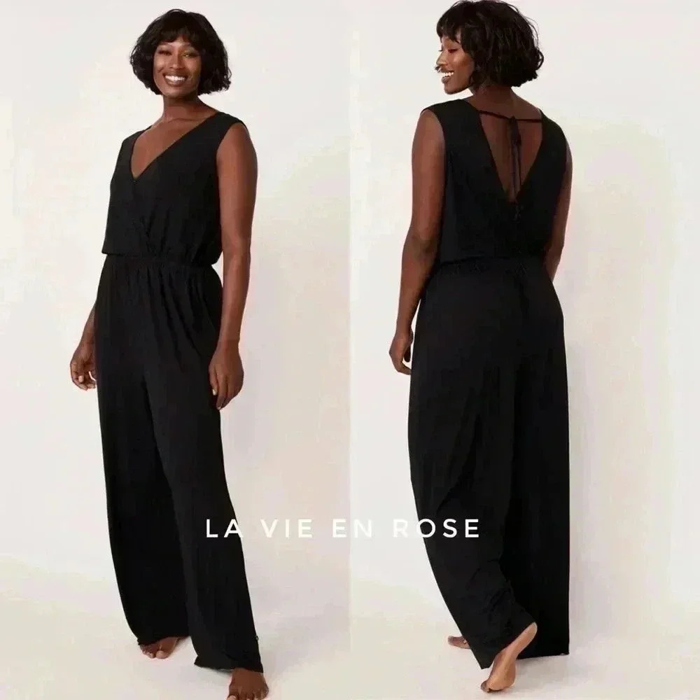 BNWT La Vie en Rose aqua crossover wide leg jumpsuit  size L in Black